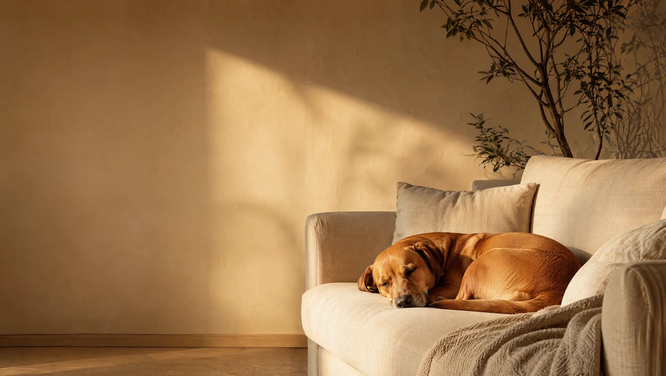 Cachorro descansando no sofá ao fim da tarde